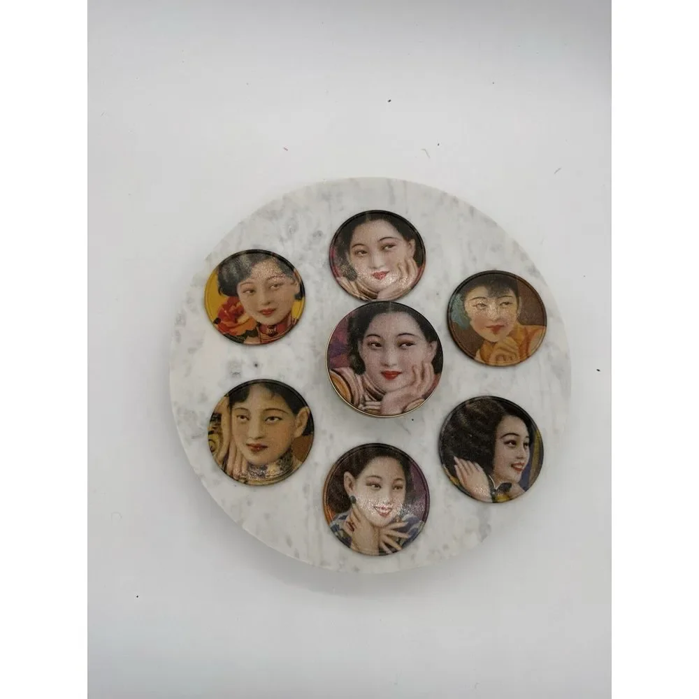 Vintage Coasters Set Alan Chan Creations Metal W/ Cork Back‎ & Storage Tin